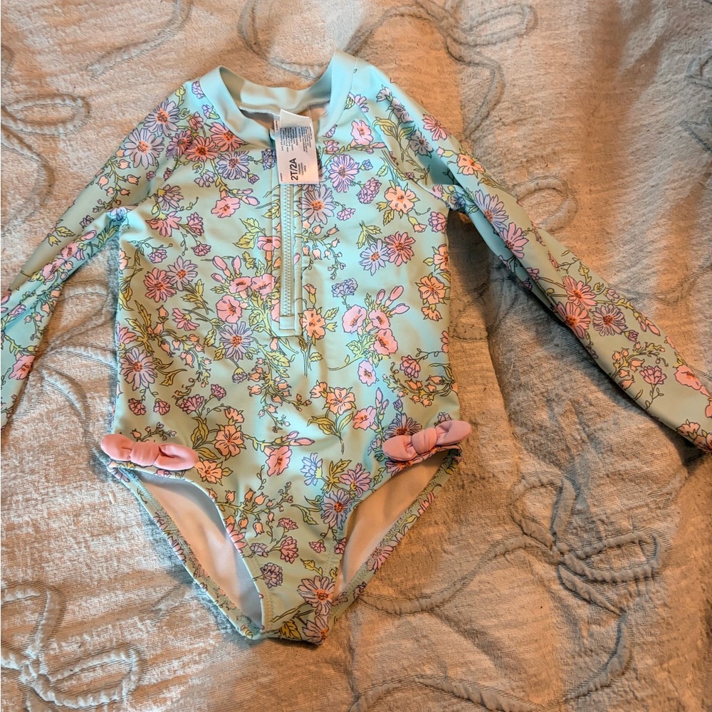 Floral Long Sleeve Girls One-Piece Swimsuit - Mint & Pink